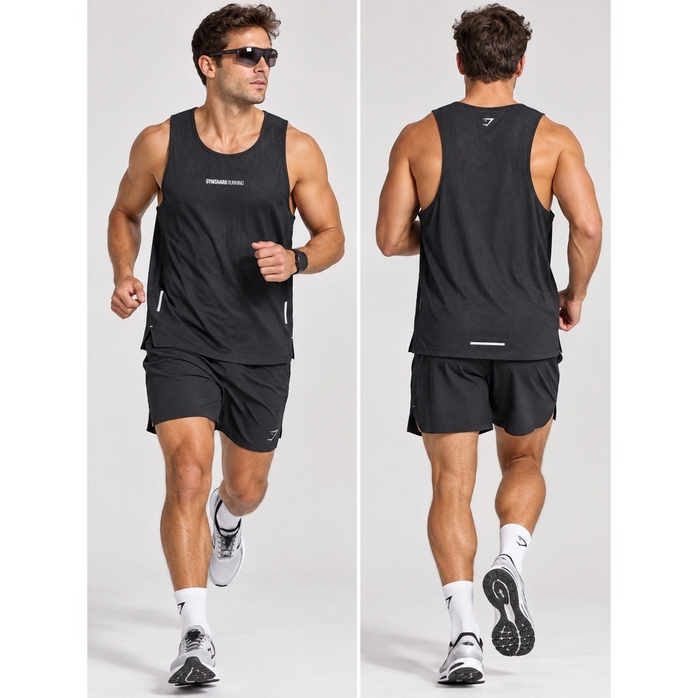 Gymshark Running Tank Mens L Black Mesh Breathable Reflective Athletic Top